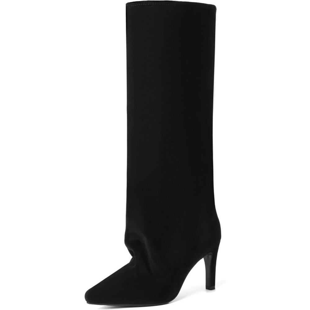 Women's Black Suede Knee High Boots Pointed Toe Stiletto Tall Side Zipper Dress